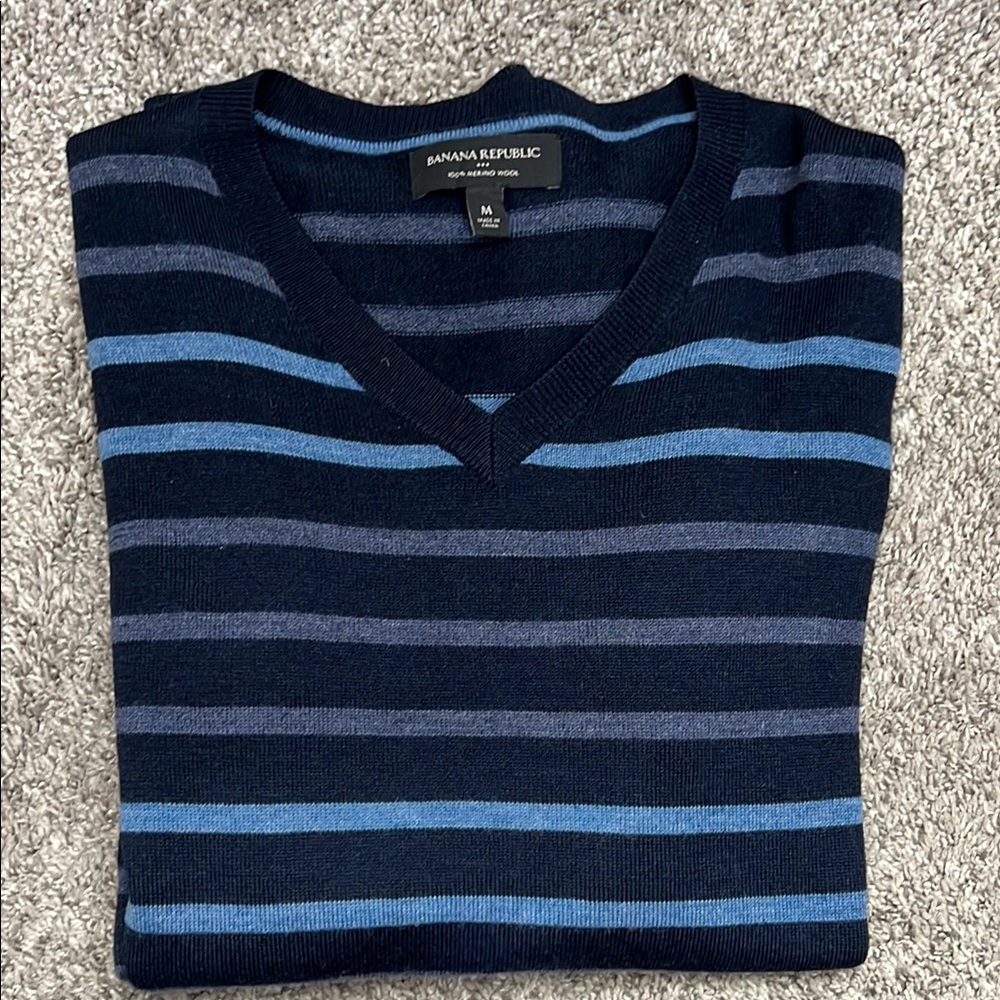 Banana Republic | 100% Merino Wool Men's Striped Sweater - Blue and Navy M
